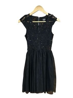deb Black Lace Sequin Cap-Sleeve Cocktail Dress
